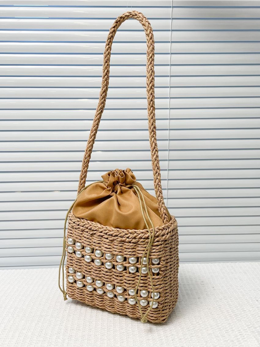Faux Pearl Decor Drawstring Design Straw Bag