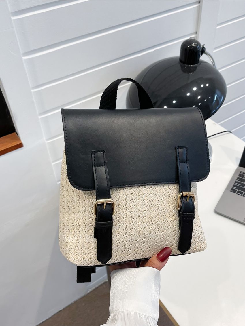 Two Tone Buckle Decor Flap Straw Bag