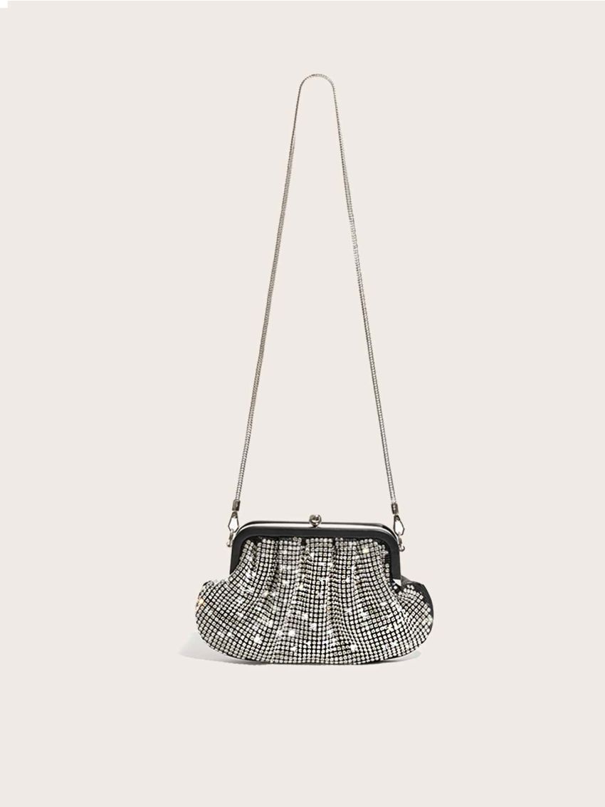 Rhinestone Decor Kiss Lock Ruched Bag