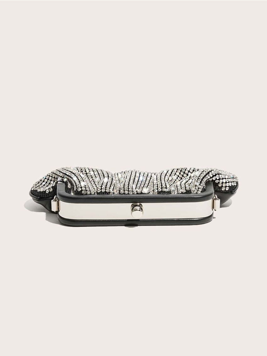 Rhinestone Decor Kiss Lock Ruched Bag