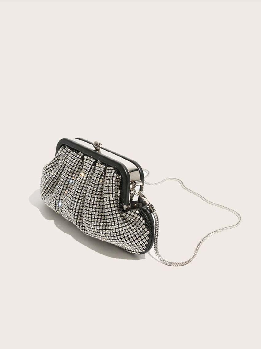 Rhinestone Decor Kiss Lock Ruched Bag