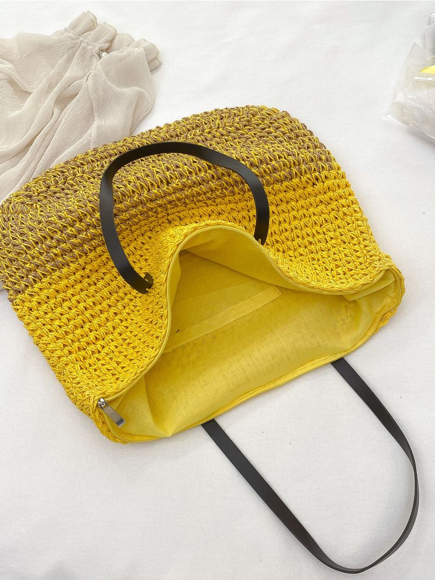 Oversized Straw Bag Vacation Color Block For Beach