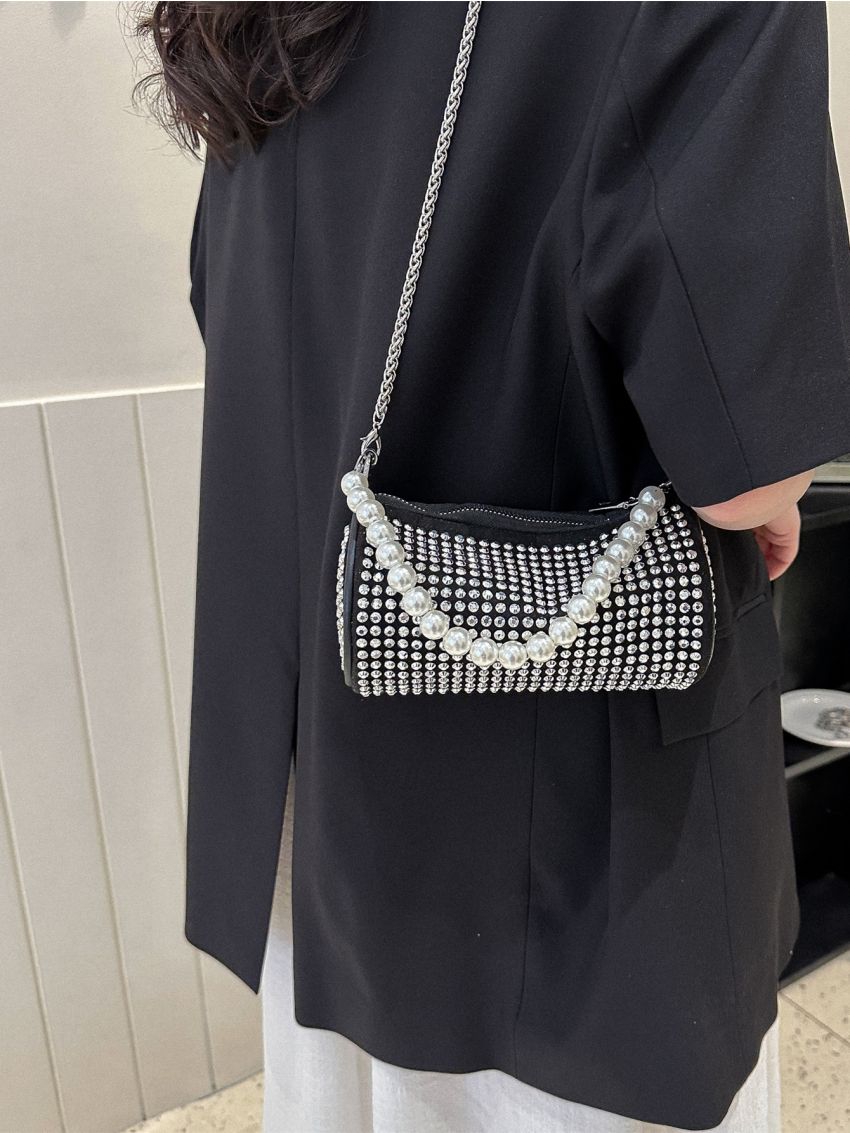 Mini Rhinestone & Faux Pearl Decor Bucket Bag