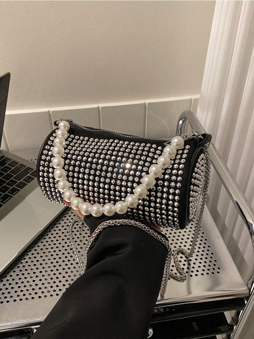 Mini Rhinestone & Faux Pearl Decor Bucket Bag