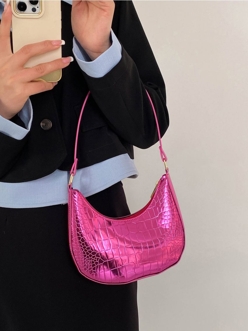 Metallic Crocodile Embossed Hobo Bag