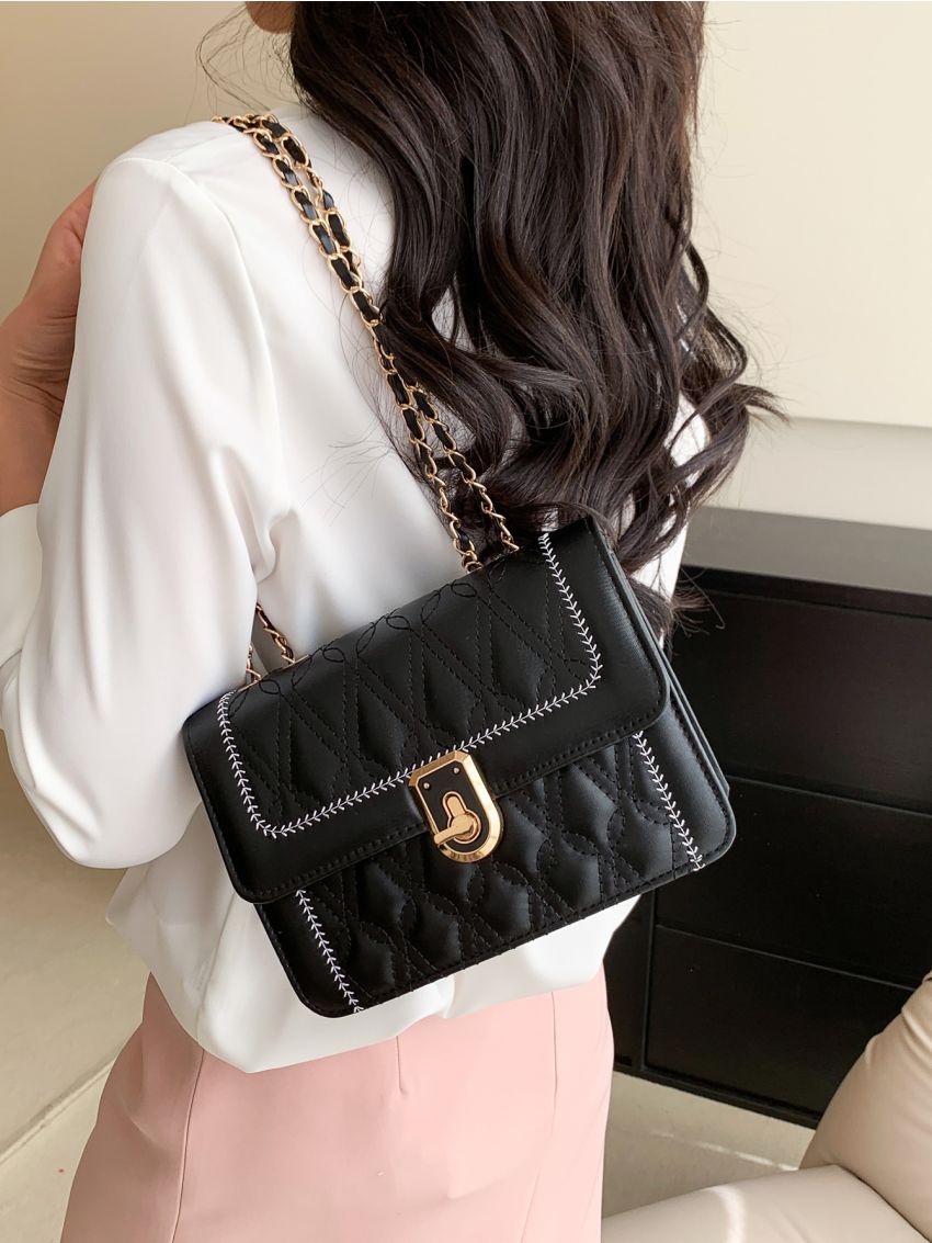 Quilted Pattern Embroidered Detail Flap Chain Square Bag