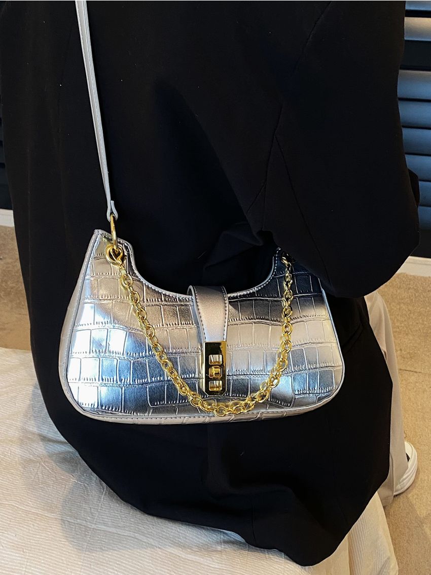 Metallic Crocodile Embossed Twist Lock Chain Decor Hobo Bag