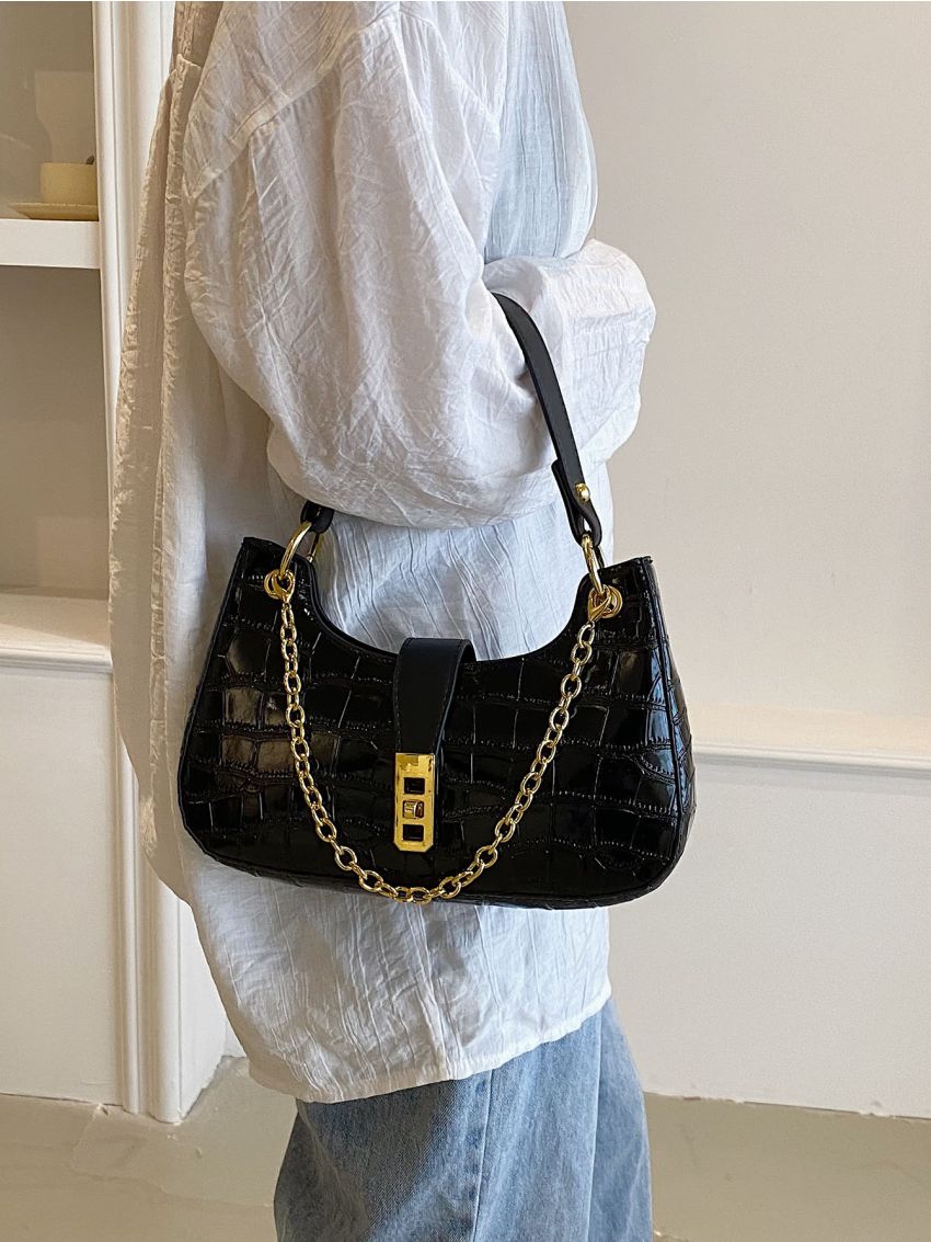 Crocodile Embossed Chain Decor Hobo Bag
