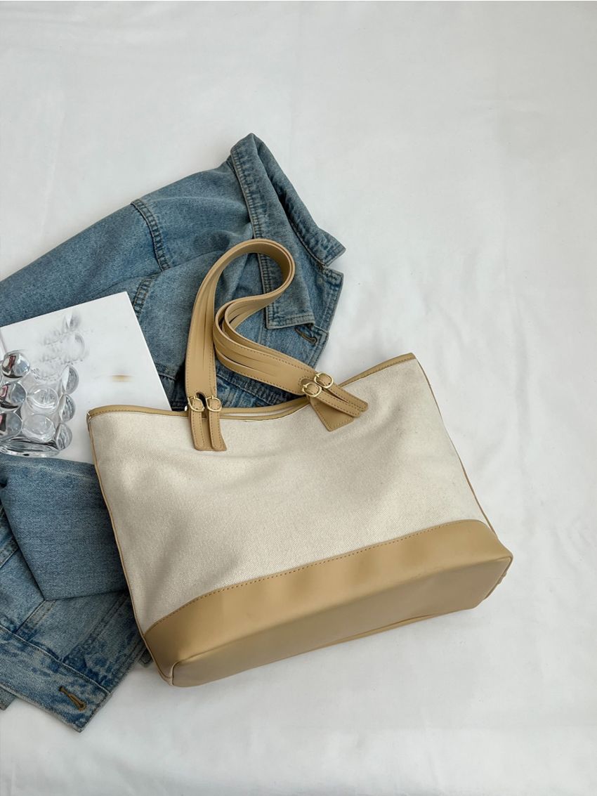 Letter Pattern Contrast Binding Shoulder Tote Bag