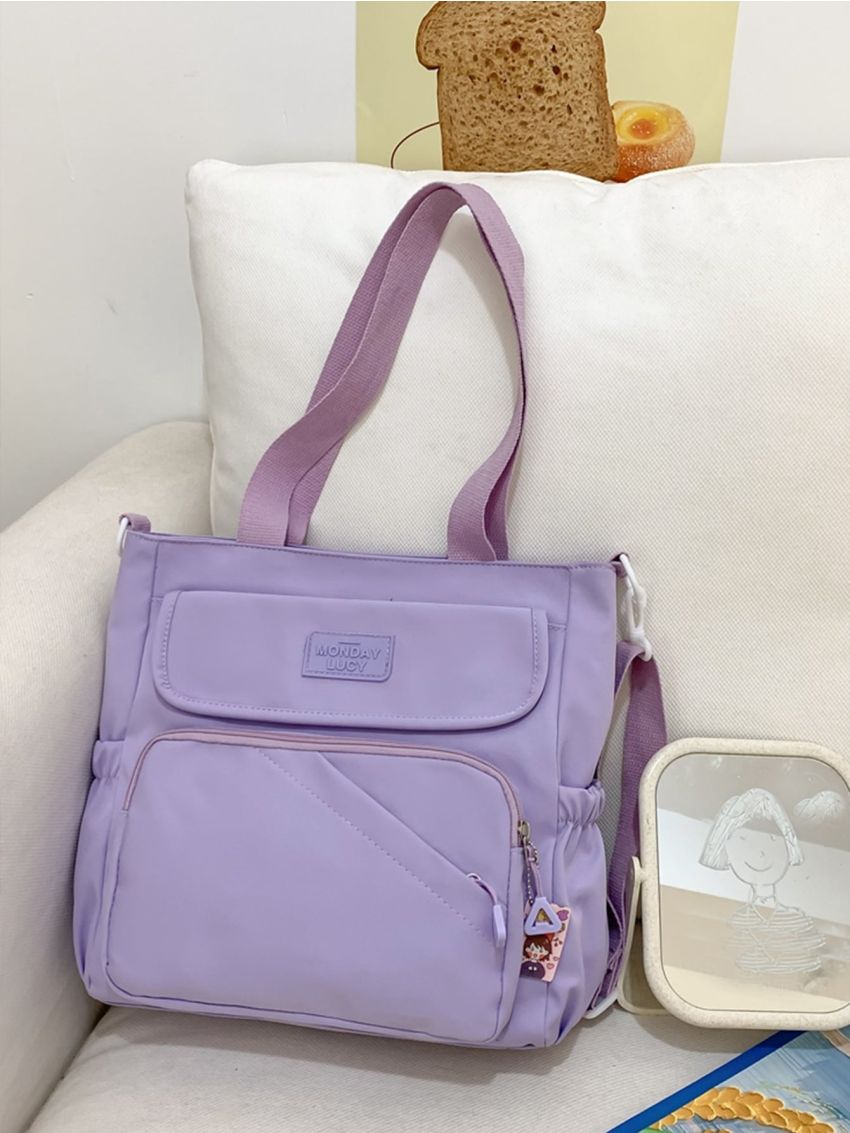 Letter Patch Decor Shopper Bag With Bag Charm