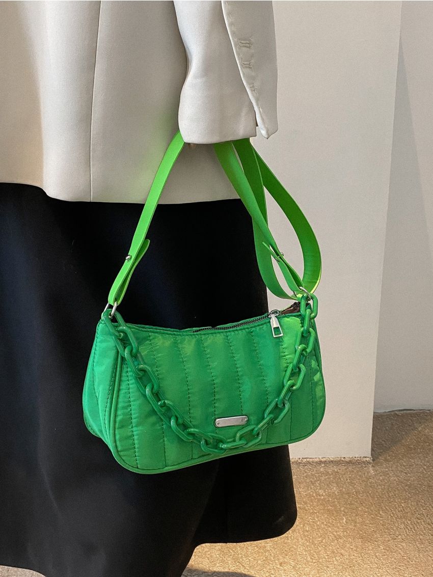 Quilted Shoulder Bag Green Chain Decor Shoulder Bag