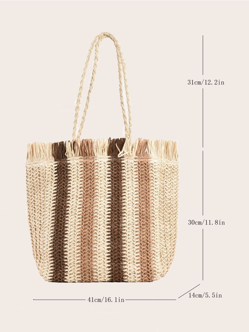 Colorblock Fringe Trim Straw Bag