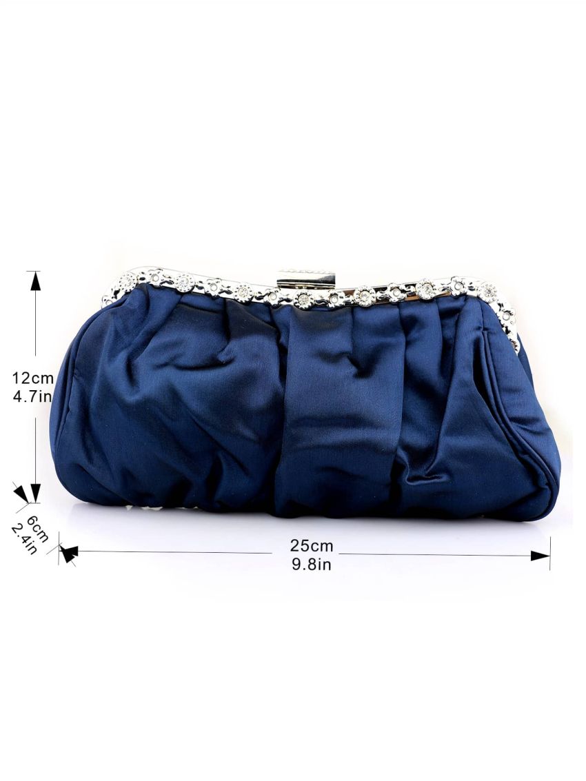 Satin Rhinestone Decor Ruched Bag Clip Top Evening Bag For Party