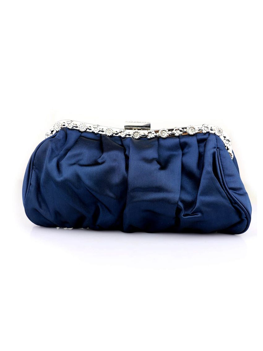 Satin Rhinestone Decor Ruched Bag Clip Top Evening Bag For Party