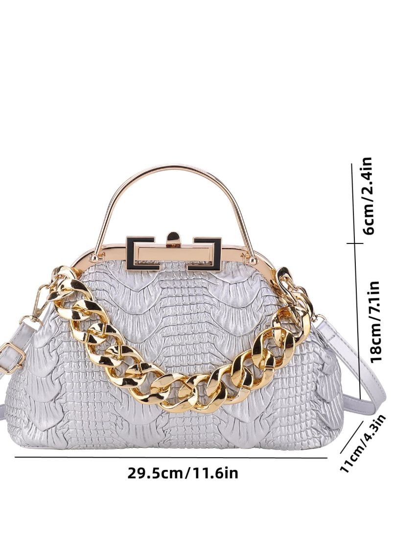 Metallic Crocodile Embossed Chain Decor Kiss Lock Satchel Bag