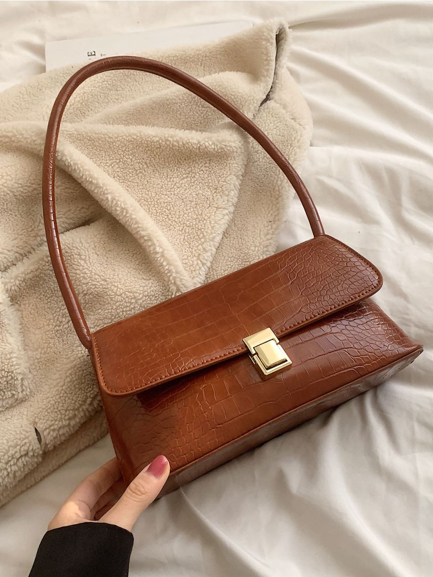 Crocodile Embossed Flap Baguette Bag