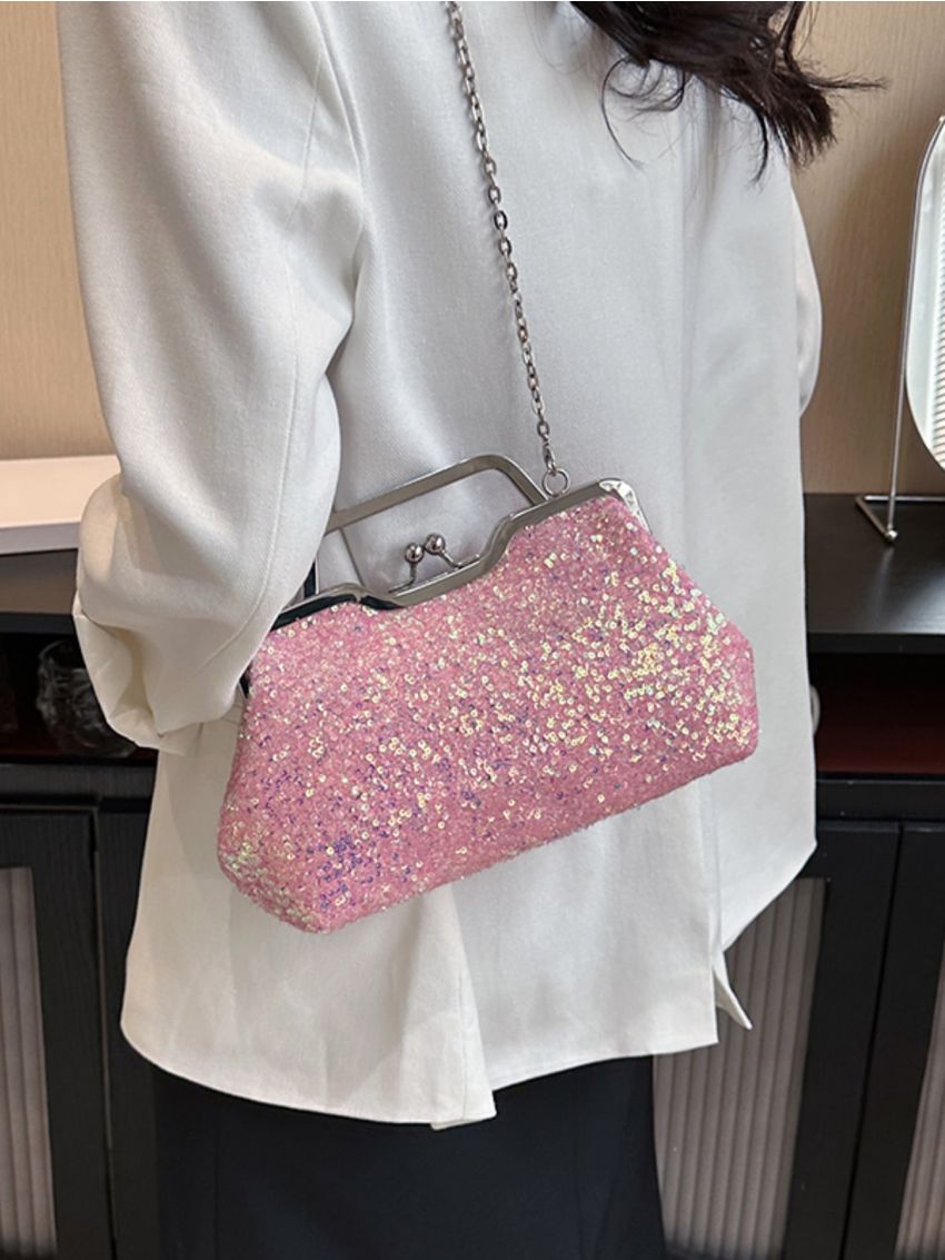 Sequin Square Bag Kiss Lock Evening Bag For Party