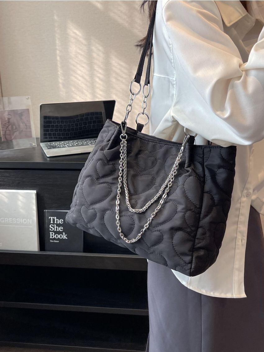 Heart Quilted Square Bag Chain Nylon
