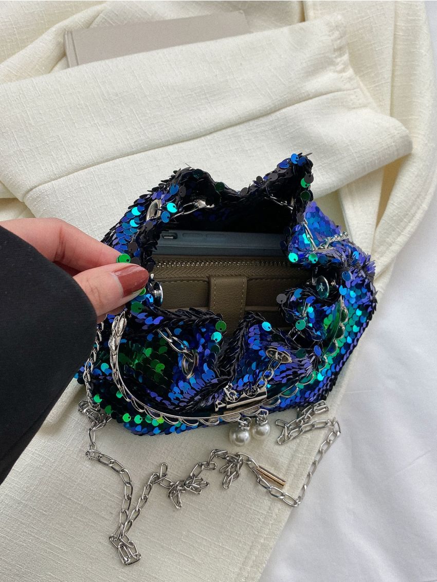 Mini Sequin Decor Top Handle Bucket Bag for Party, Clear Bag