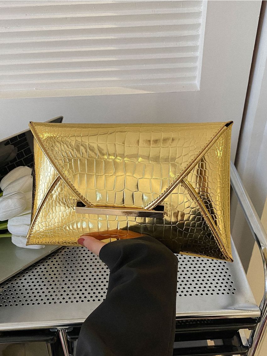 Metallic Crocodile Embossed Flap Square Bag