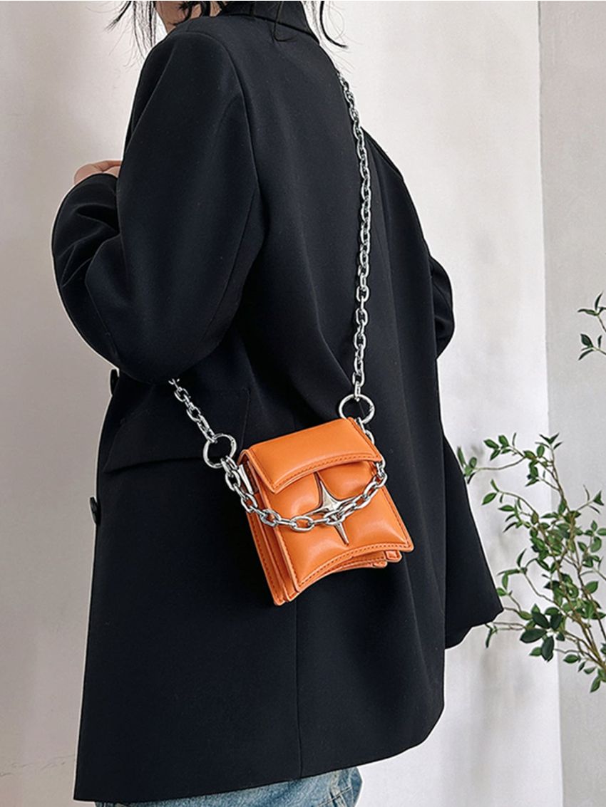 Mini Neon Orange Star Decor Chain Flap Square Bag