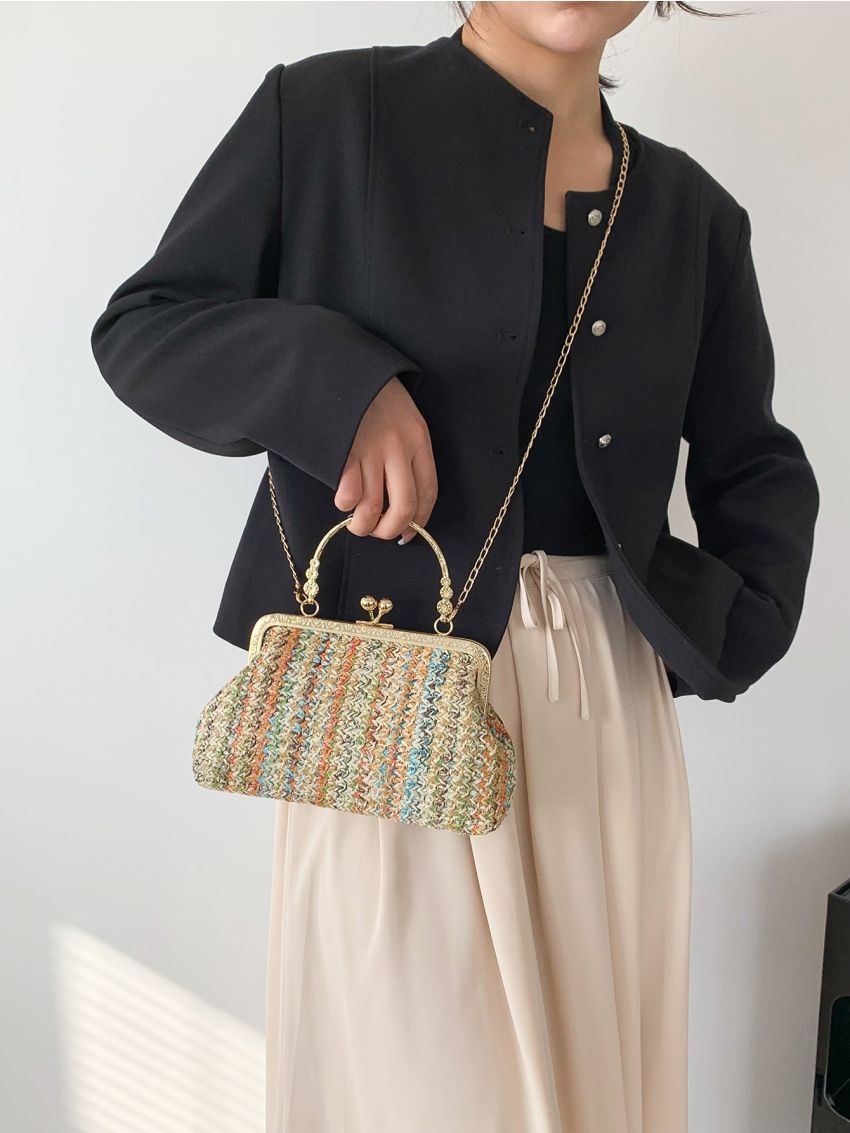 Color Block Straw Bag Kiss Lock Vacation