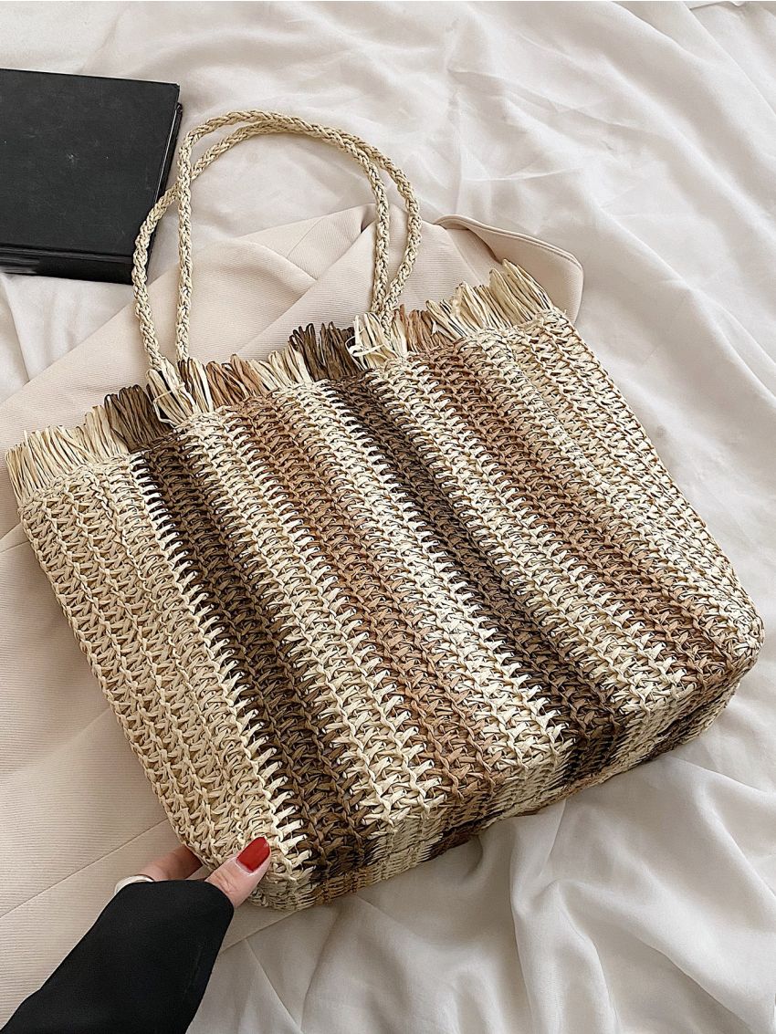 Striped Pattern Fringe Trim Straw Bag