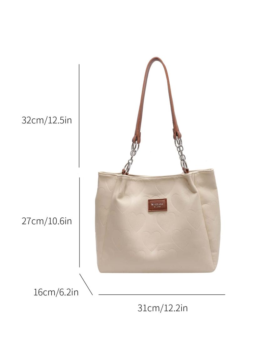 Heart Embossed Shoulder Tote Bag Fashionable Letter Patch Decor Chain PU