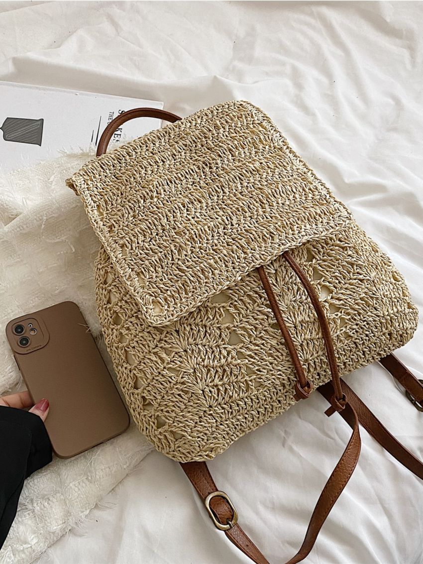 Drawstring Design Flap Straw Bag