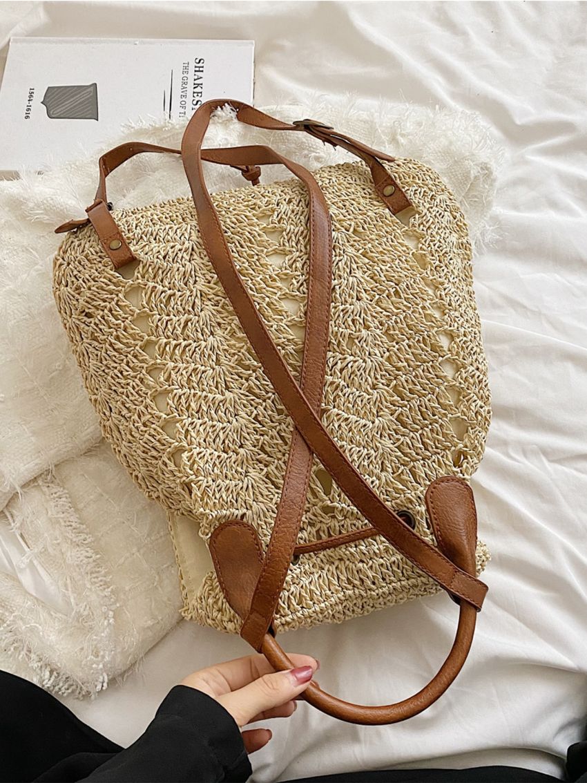 Drawstring Design Flap Straw Bag