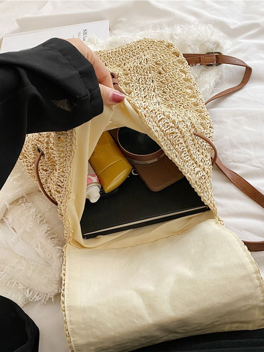 Drawstring Design Flap Straw Bag