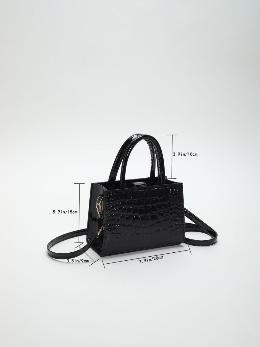 Mini Black Square Bag Crocodile Embossed Satchel Bag For Working