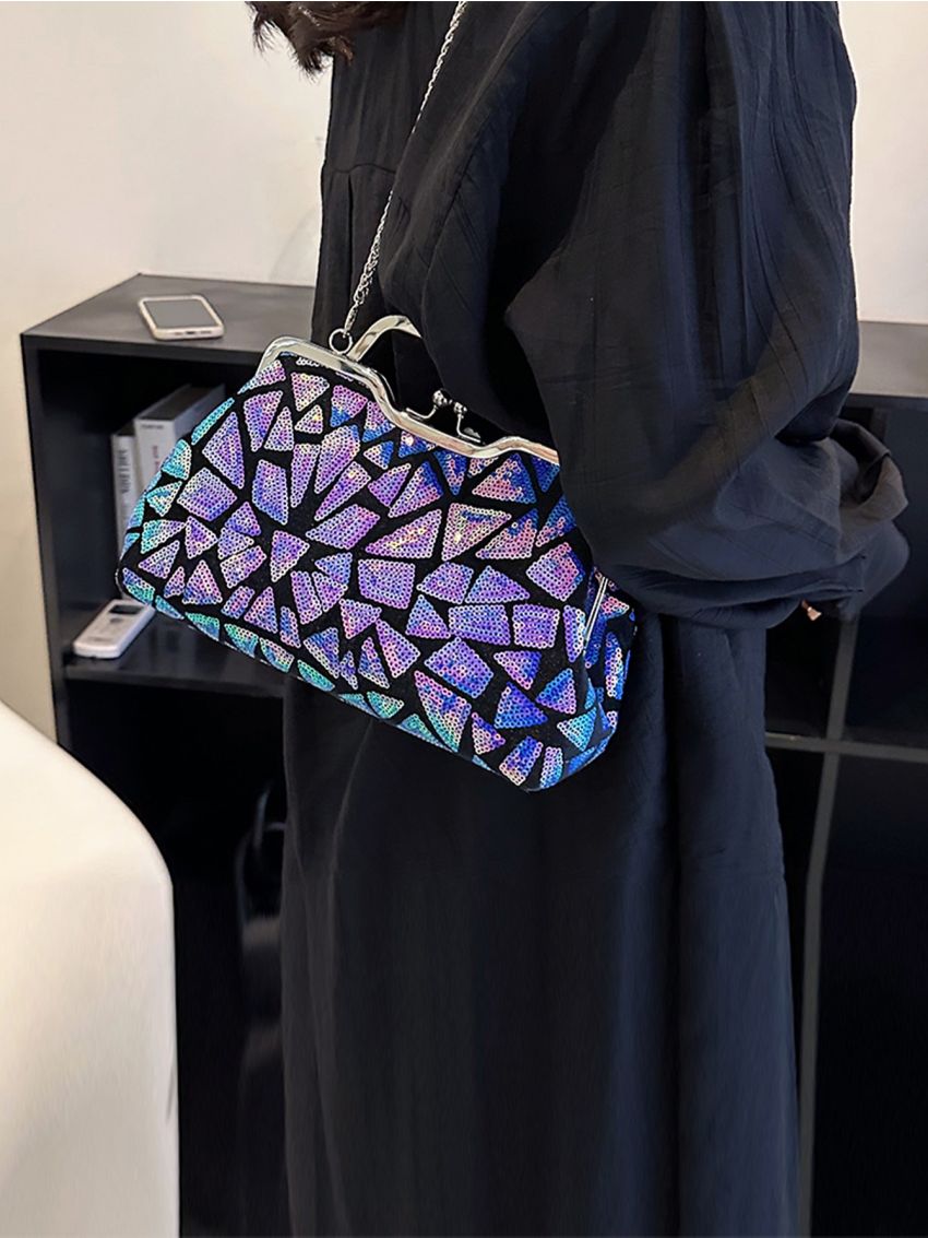 Geometric Pattern Kiss Lock Chain Evening Bag