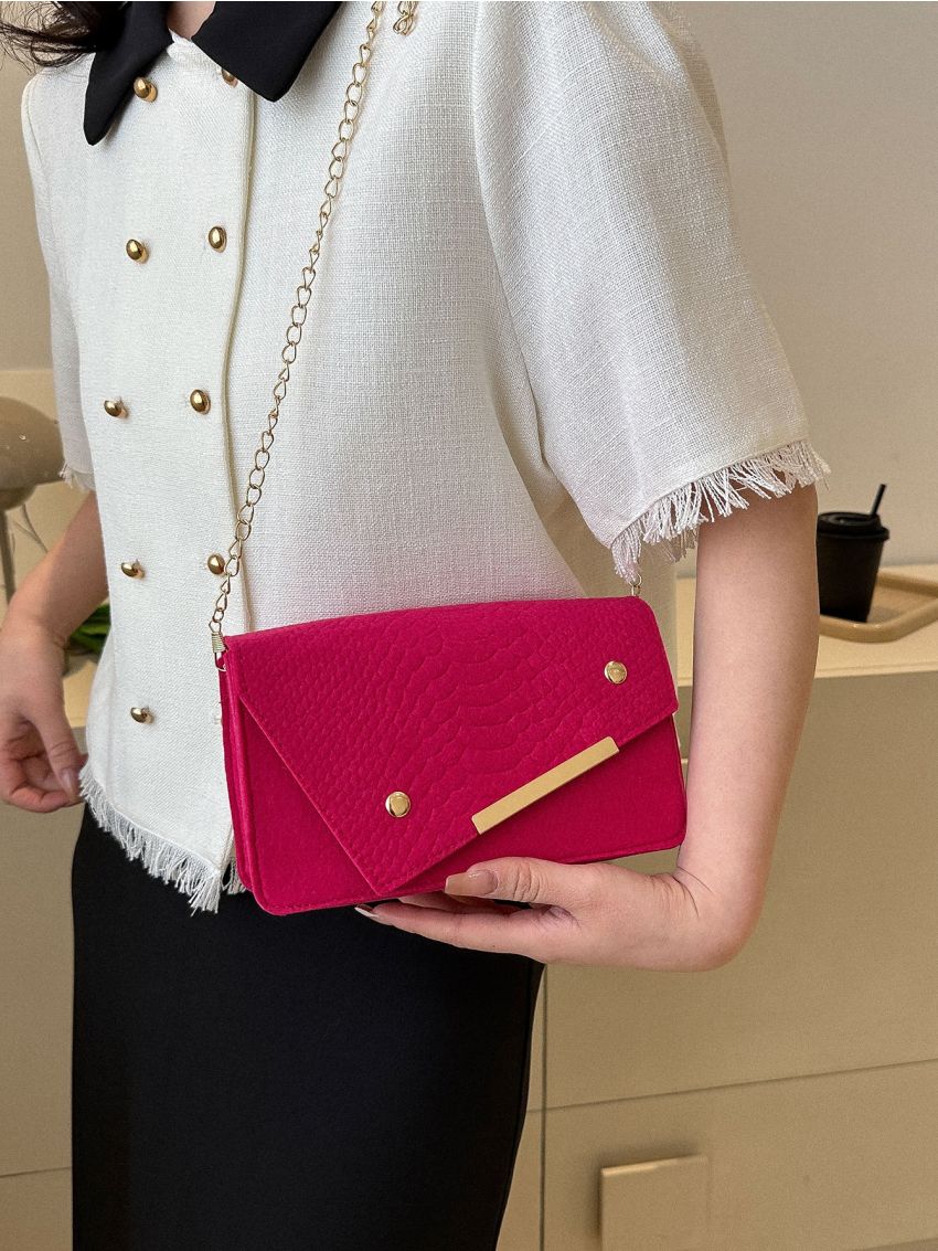 Neon Pink Snakeskin Embossed Flap Chain Square Bag