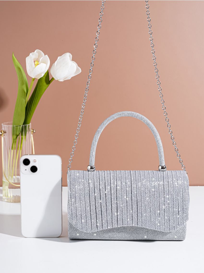 Glitter Evening Bag Pleated Detail Flap