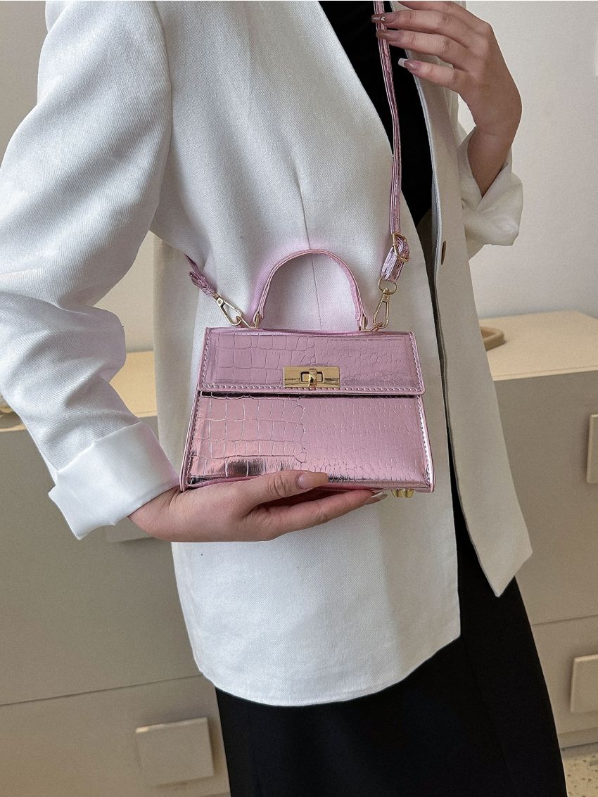 Mini Metallic Crocodile Embossed Twist Lock Flap Square Bag