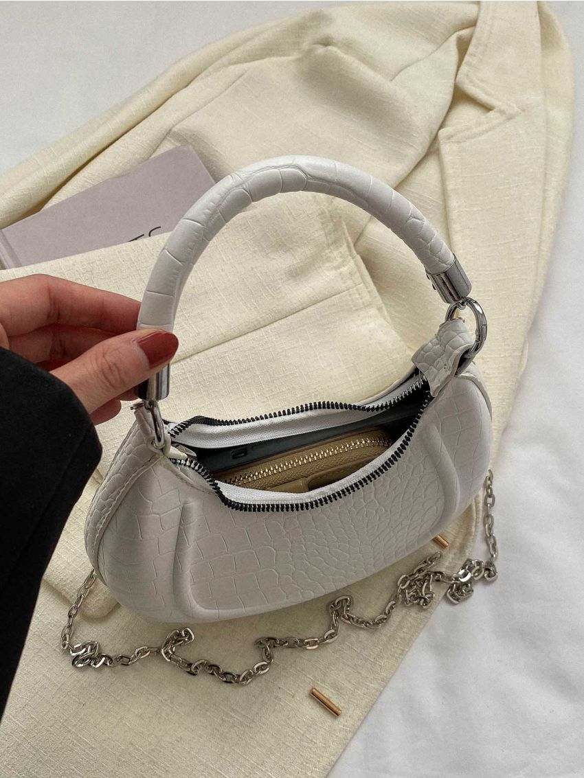 Small Hobo Bag Crocodile Embossed Tassel Decor