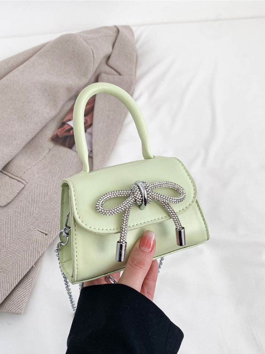 Mini Rhinestone & Bow Decor Flap Chain Square Bag