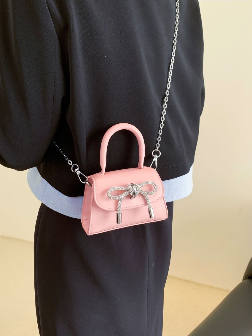 Mini Rhinestone & Bow Decor Flap Chain Square Bag