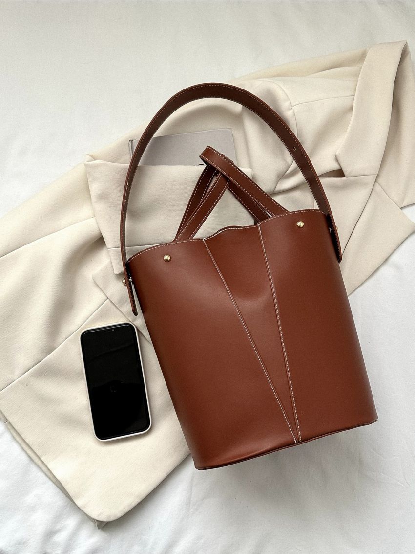 Small Bucket Bag Stitch Detail Studded Decor