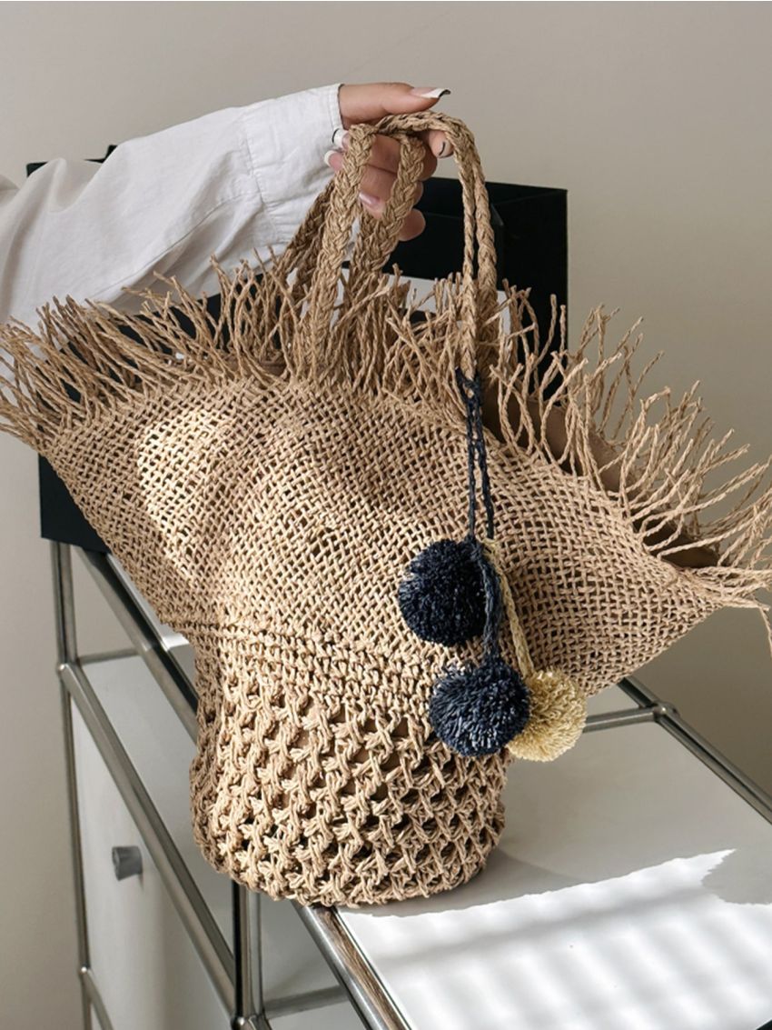 Pom Pom Decor Straw Bag
