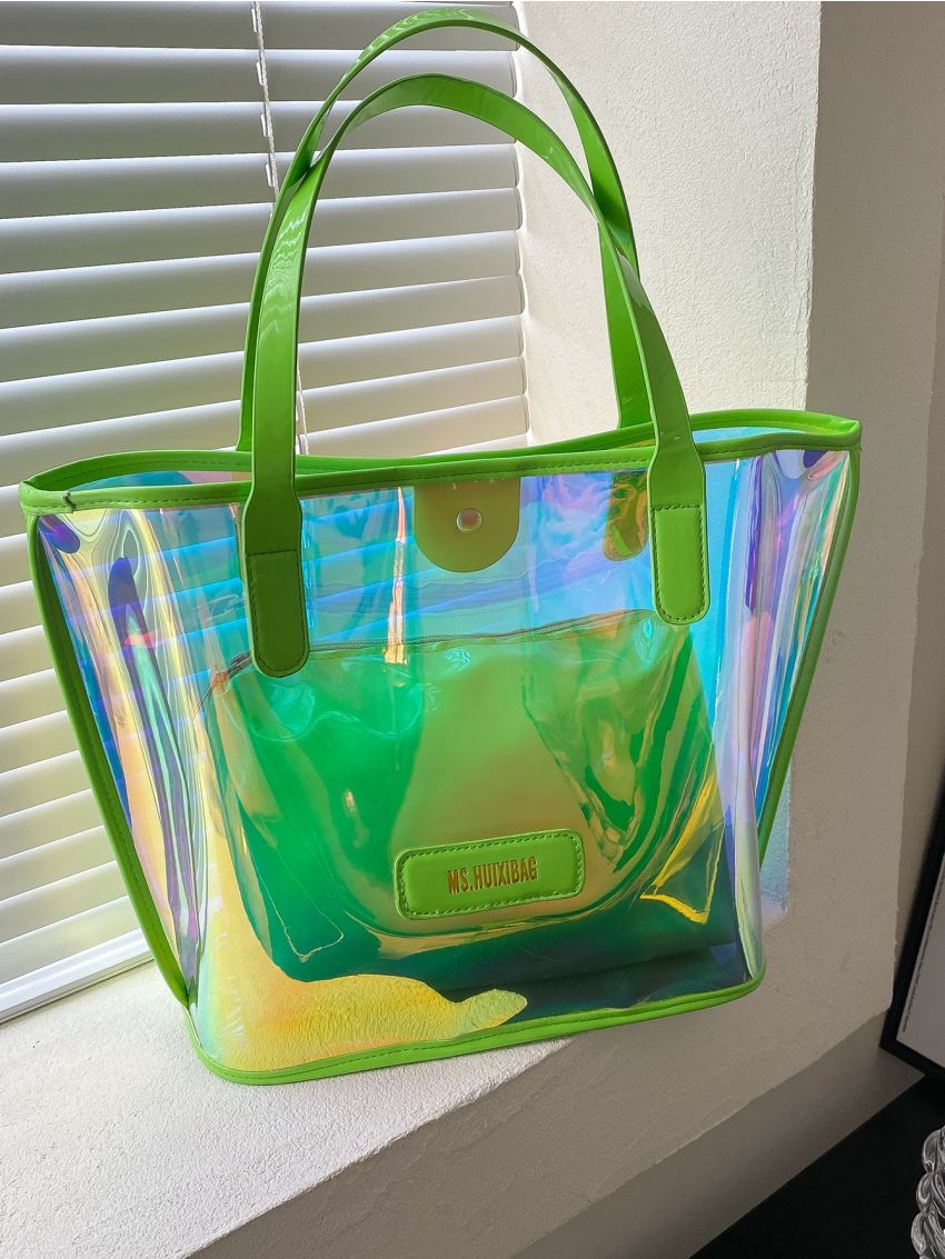 Holographic Letter Patch Square Bag With Inner Pouch