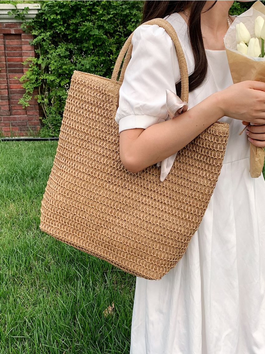 Bow Decor Straw Bag Large Capacity Shoulder Tote Bag For Vacation