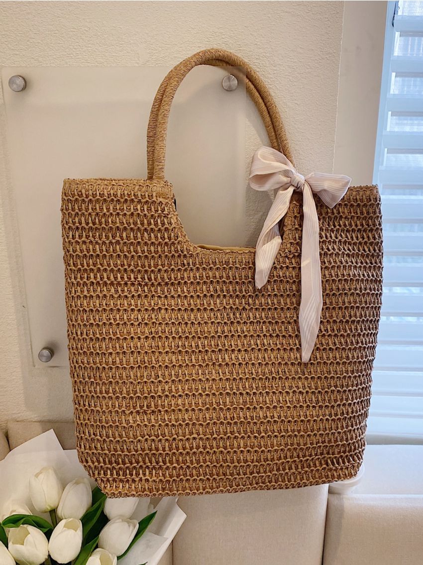 Bow Decor Straw Bag Large Capacity Shoulder Tote Bag For Vacation