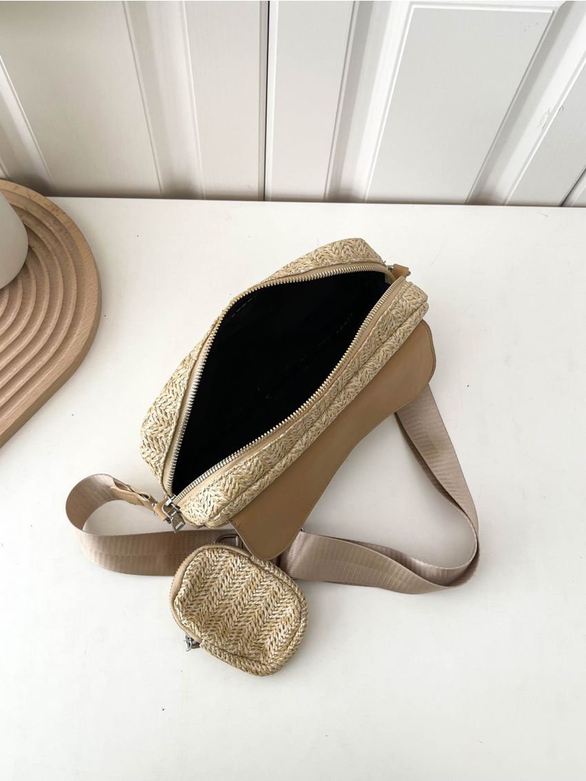 Two Tone Straw Bag With Coin Purse