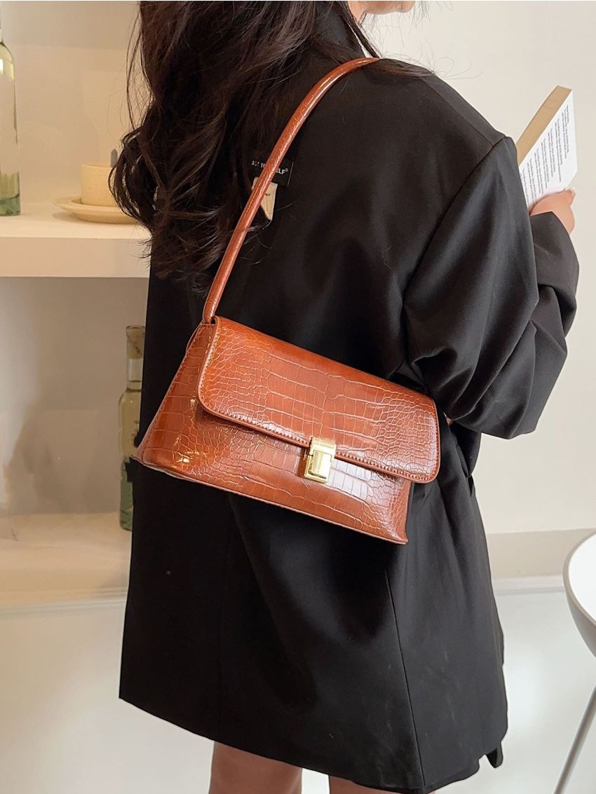 Crocodile Embossed Flap Baguette Bag