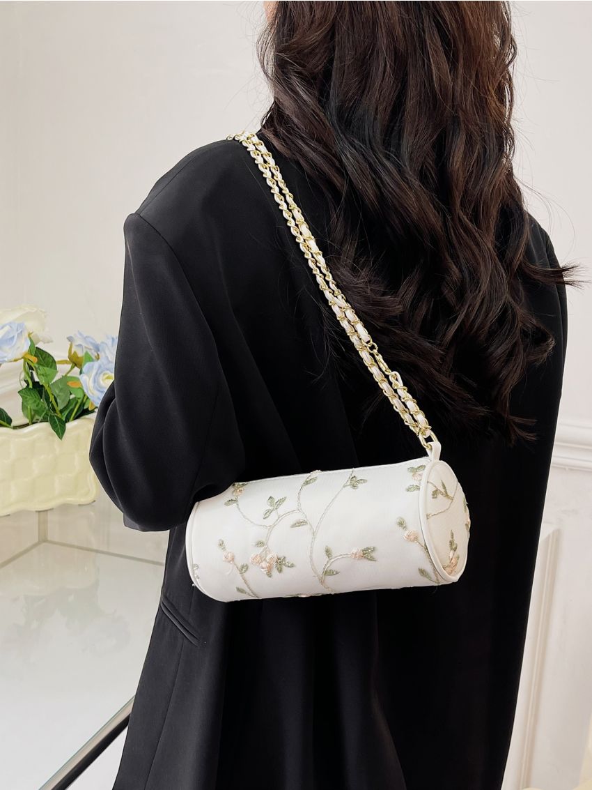 Floral Embroidered Chain Bucket Bag