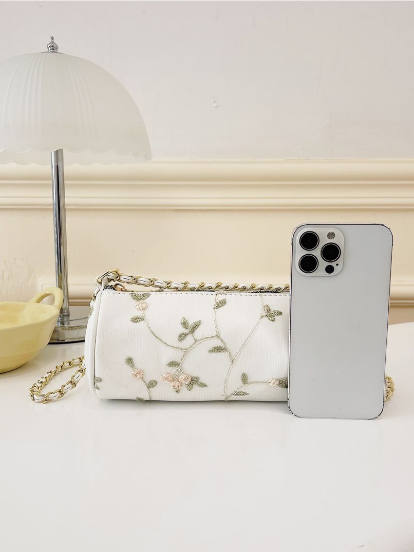 Floral Embroidered Chain Bucket Bag