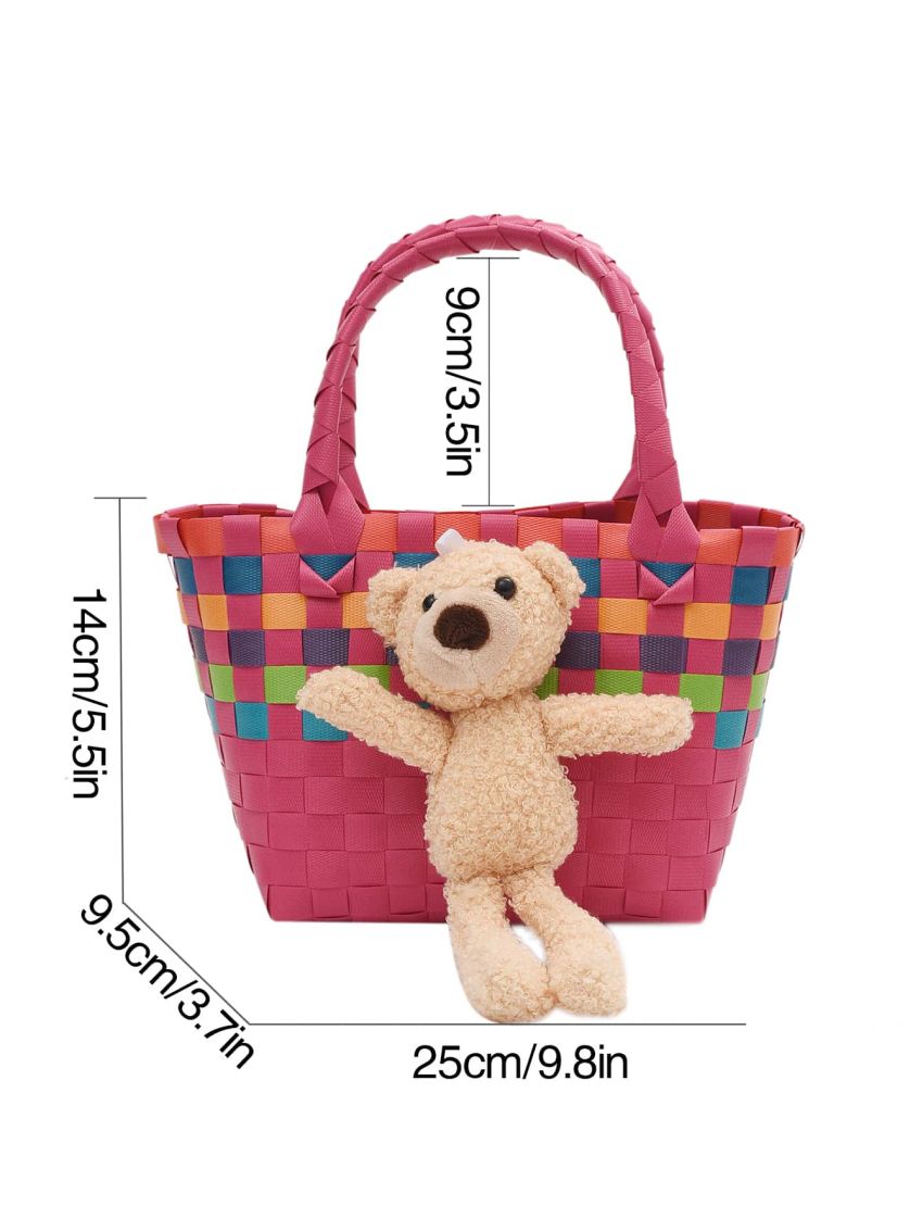 Mini Plaid Pattern Bear Decor Bucket Bag