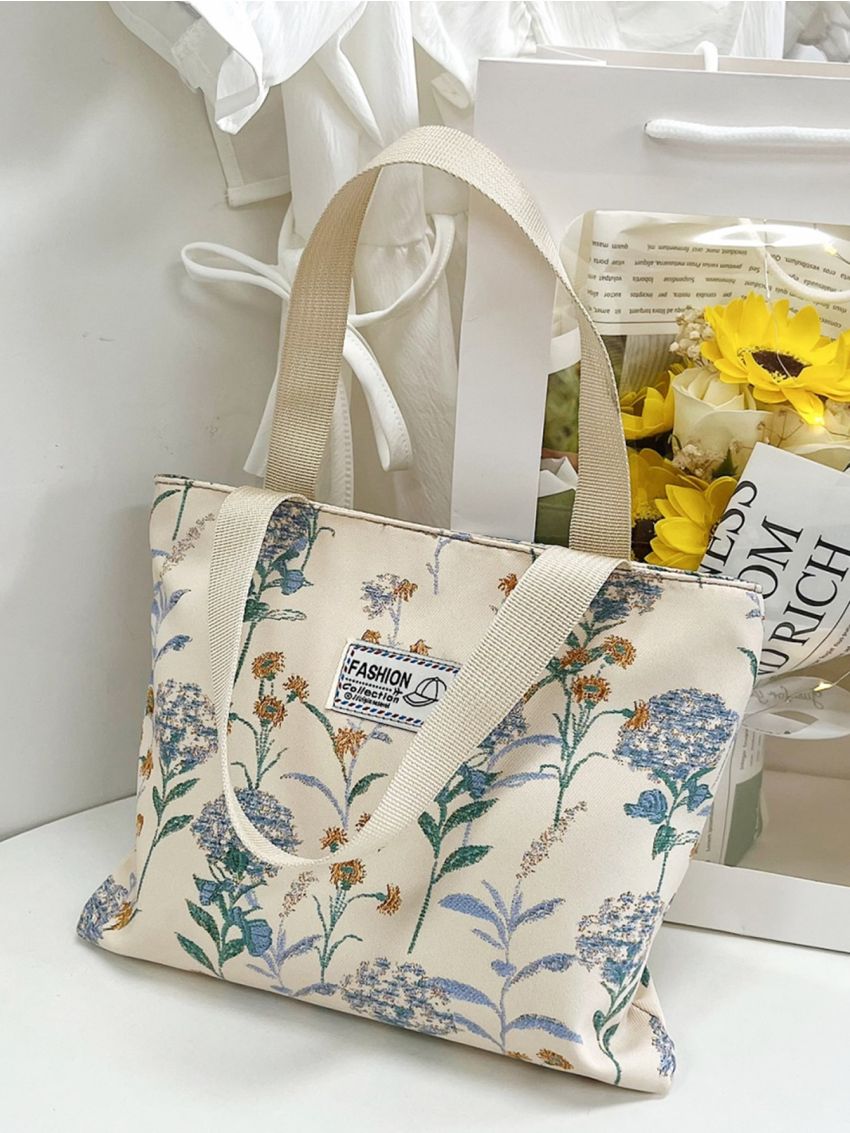 Floral Pattern Square Bag Letter Patch Decor Preppy, Mothers Day Gift For Mom